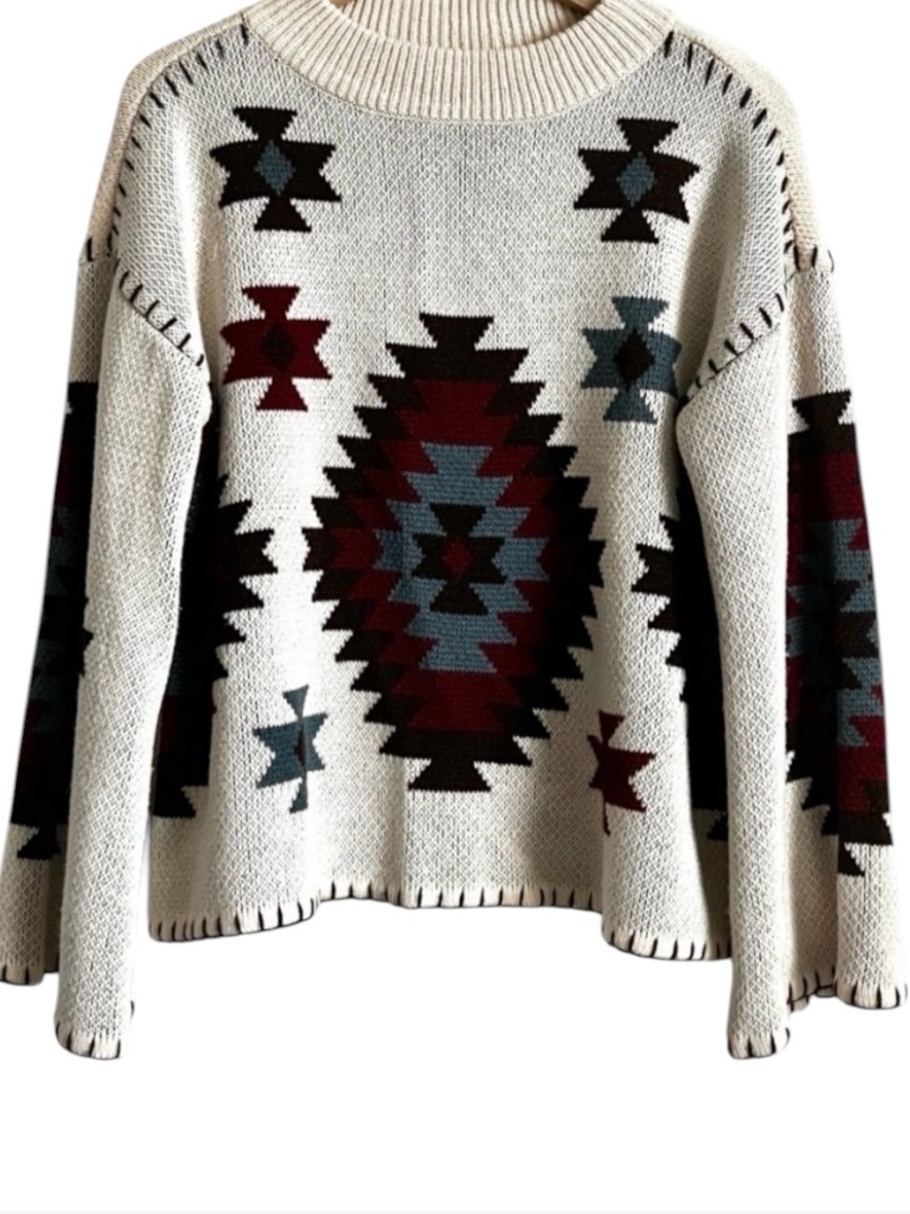 ROCKIN C Southwest Sweater Crewneck Pullover Cream Aztec Print M